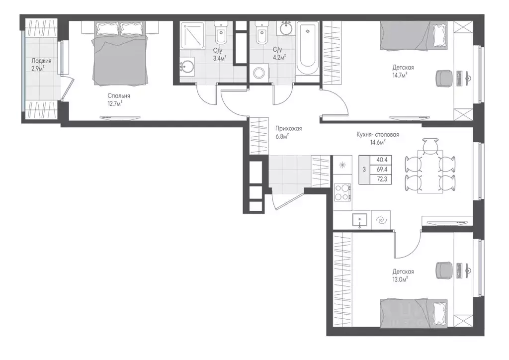 3-к кв. Тверская область, Тверь Южный мкр, Этот жилой комплекс (70.9 ... - Фото 1