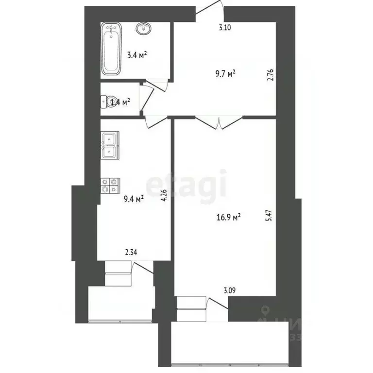 1-к кв. Томская область, Томск Нижний пер., 47 (40.8 м) - Фото 2