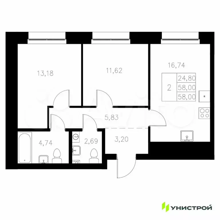 2-к. квартира, 58 м, 2/8 эт. - Фото 0