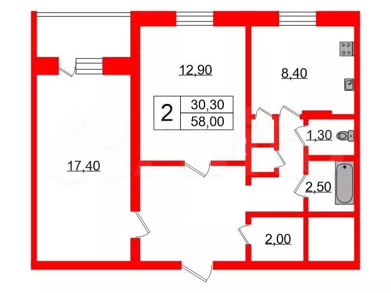 2-к. квартира, 58 м, 4/9 эт. - Фото 0