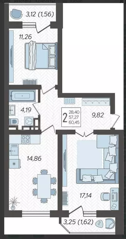 2-к. квартира, 60 м, 6/24 эт. - Фото 1