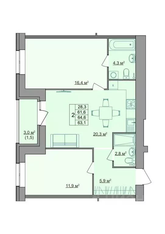 2-к кв. Костромская область, Кострома Магистральная ул., 49А (63.1 м) - Фото 1
