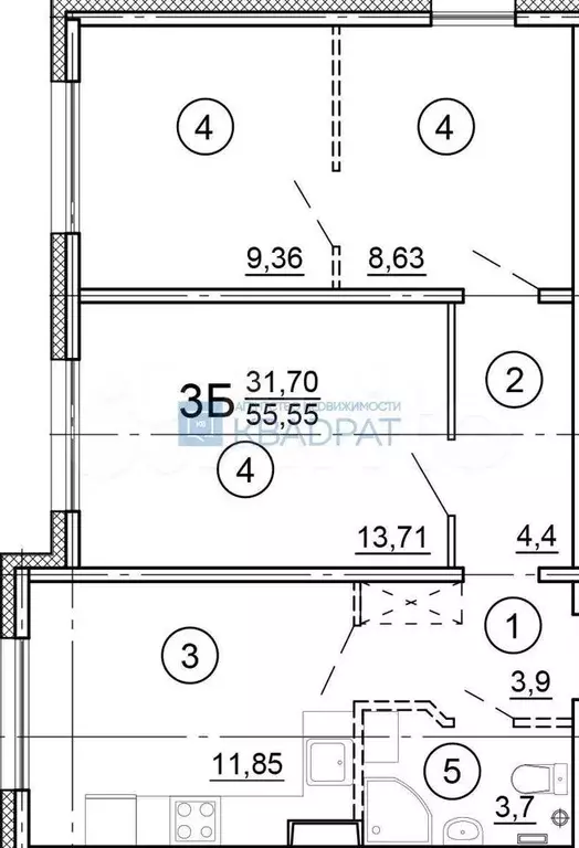 3-к. квартира, 55,6 м, 5/8 эт. - Фото 0