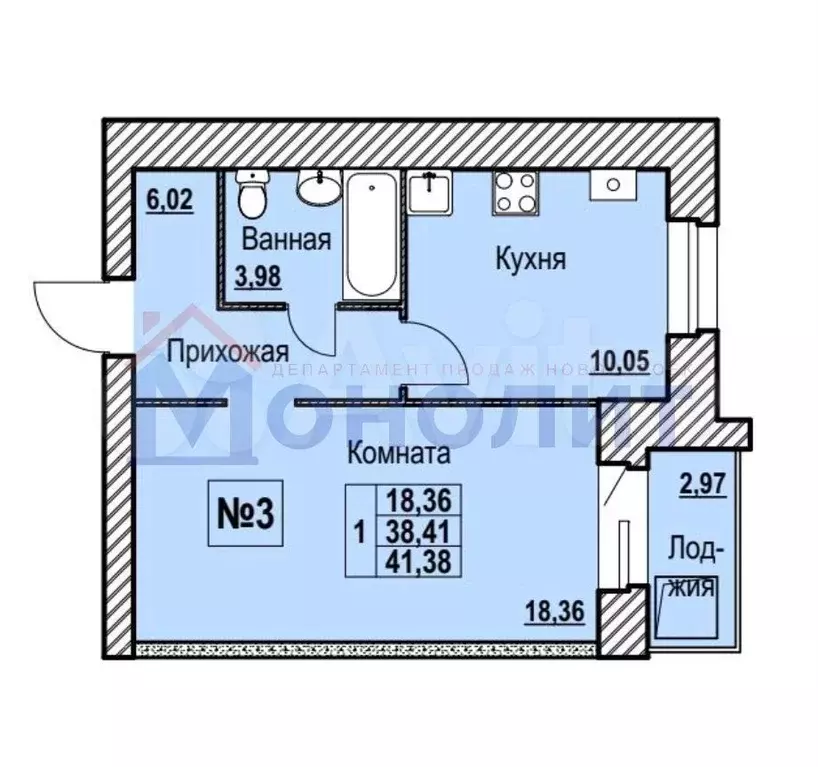 1-к. квартира, 41,4 м, 3/10 эт. - Фото 1