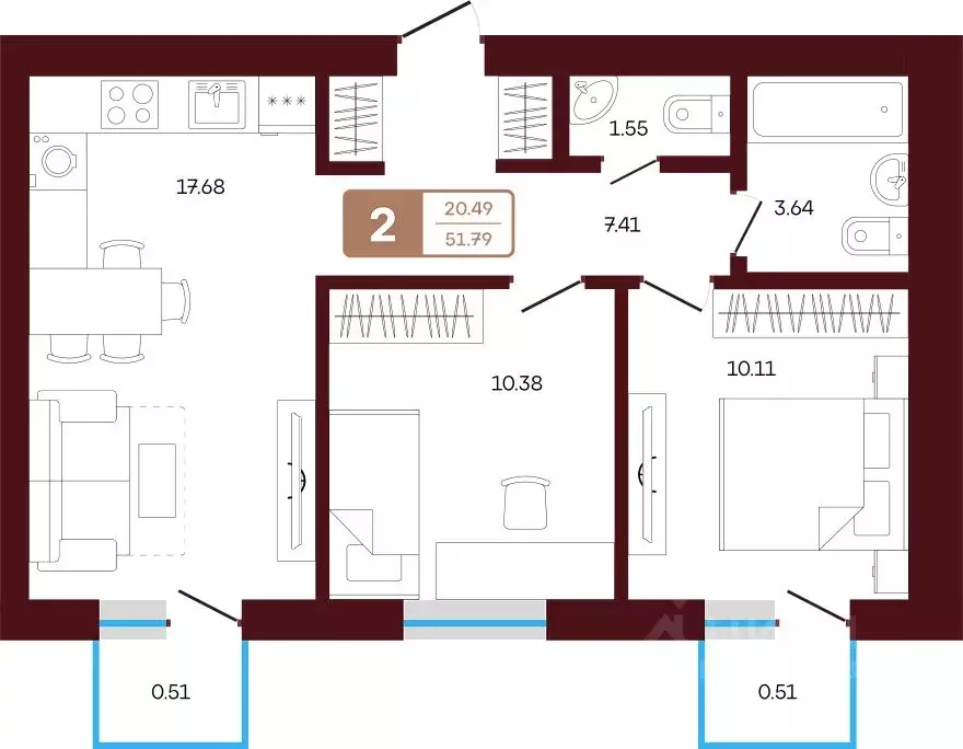 2-к кв. Башкортостан, Иглинский район, с. Акбердино  (51.79 м) - Фото 1