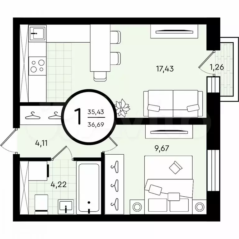 1-к. квартира, 36,7 м, 4/4 эт. - Фото 0