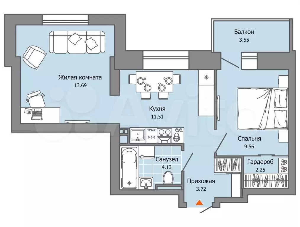 2-к. квартира, 46 м, 6/8 эт. - Фото 0