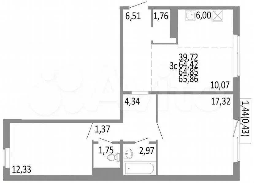 3-к. квартира, 64,9м, 9/10эт. - Фото 0