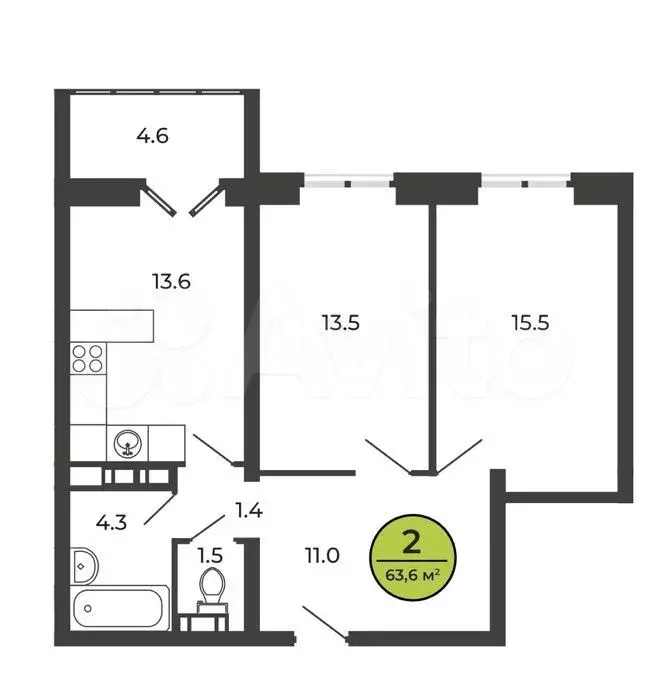 2-к. квартира, 63,6 м, 1/8 эт. - Фото 1