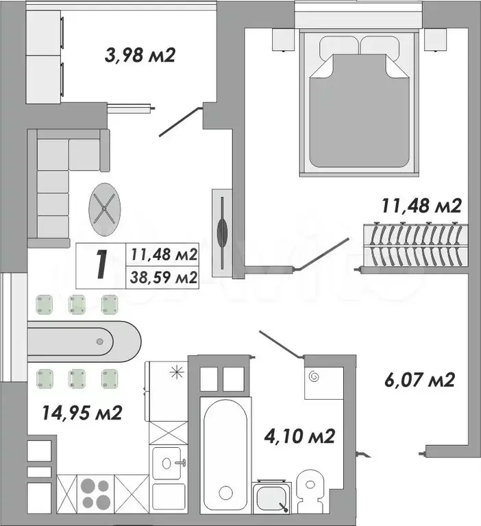 1-к. квартира, 38,6 м, 4/9 эт. - Фото 0