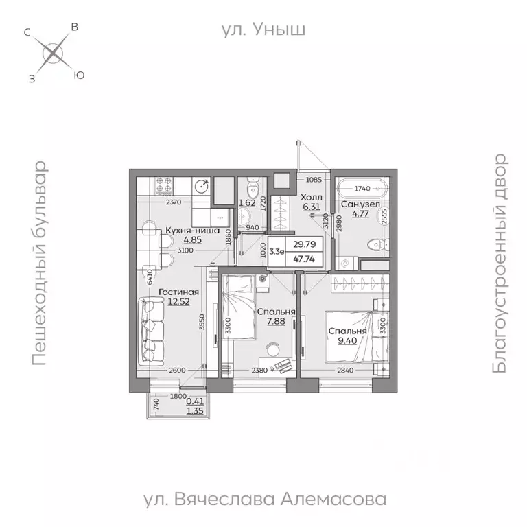 3-к кв. Татарстан, Казань ул. Рауиса Гареева (47.76 м) - Фото 0