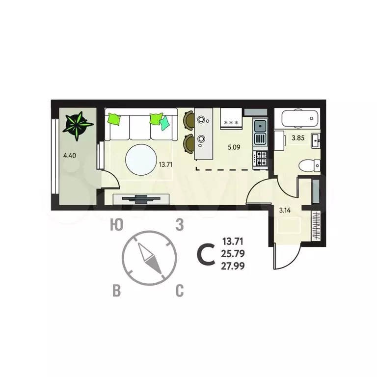 Квартира-студия, 28 м, 3/18 эт. - Фото 0