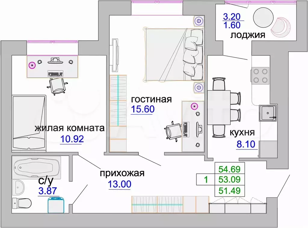 2-к. квартира, 53,6 м, 1/9 эт. - Фото 1