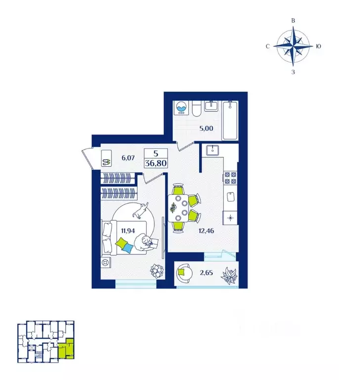 1-к кв. Калининградская область, Зеленоградск  (36.8 м) - Фото 0