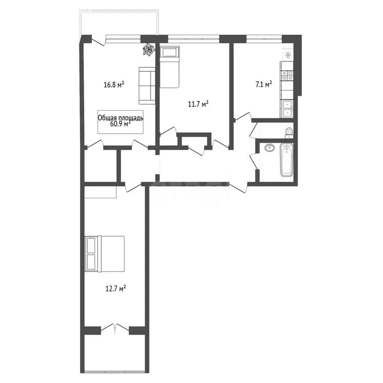 3-комнатная квартира: Новосибирск, улица Никитина, 68 (60.9 м) - Фото 0