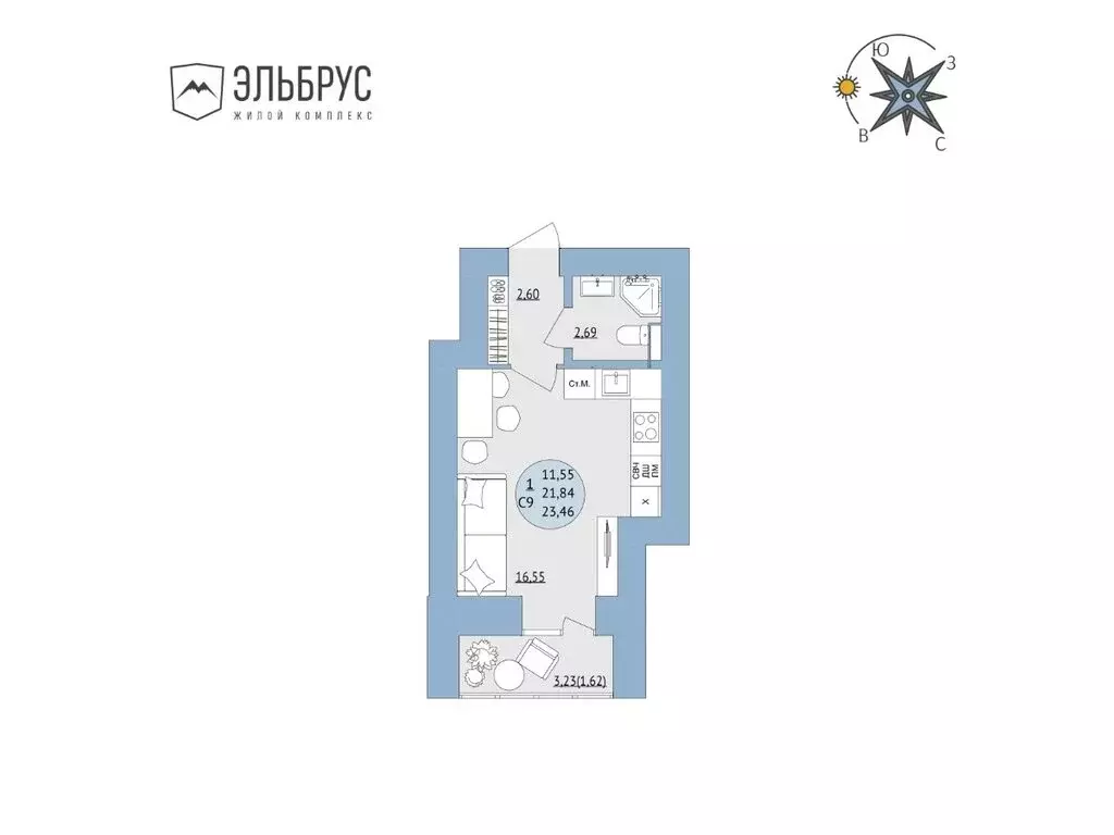 Квартира-студия: Уфа, микрорайон Юрюзань, ЖК Эльбрус, ск1 (23.46 м) - Фото 1