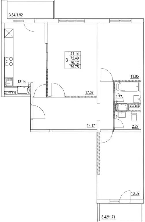 3-к кв. Москва Муравская ул., 42к1 (77.0 м) - Фото 2