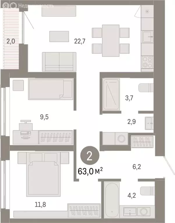 2-комнатная квартира: Новосибирск, Большевистская улица, с49 (63.03 м) - Фото 0