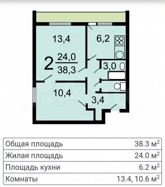 2-к. квартира, 38,4м, 14/14эт. - Фото 1