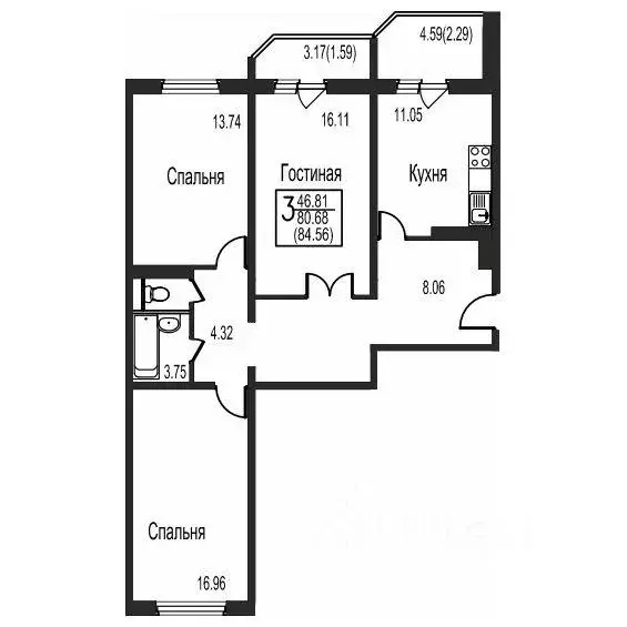 Квартира, 3 комнаты, 84.56 м - Фото 1