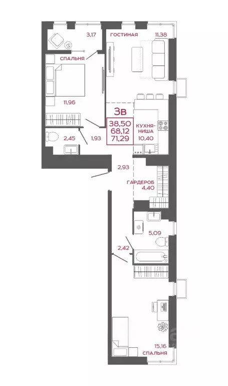 3-к кв. Пензенская область, Пенза Аэрис жилой комплекс (71.29 м) - Фото 1