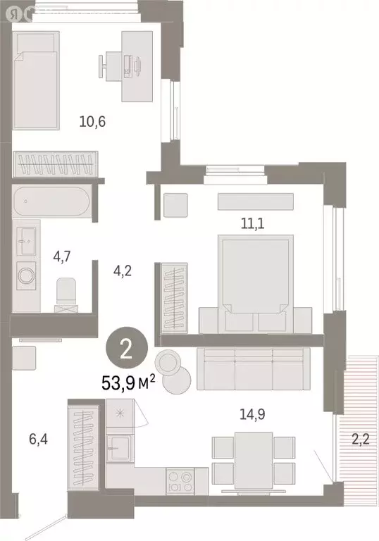 2-комнатная квартира: Тюмень, жилой комплекс Зарека (53.88 м) - Фото 1