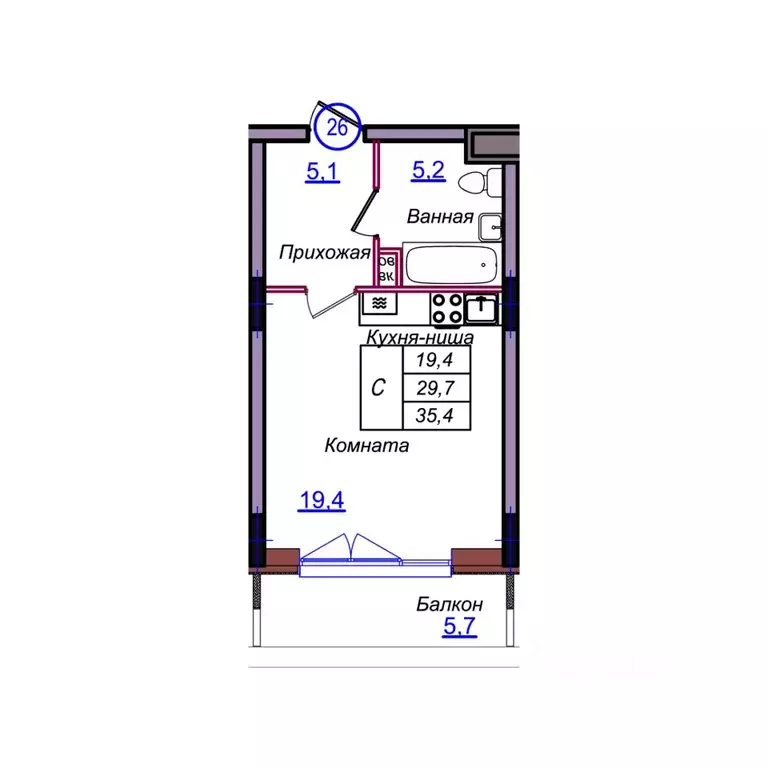Студия Калининградская область, Светлогорск Балтийская ул. (35.4 м) - Фото 1