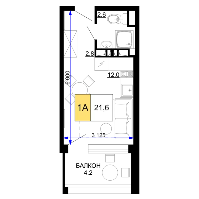 1-к квартира, 21.6 м - Фото 0