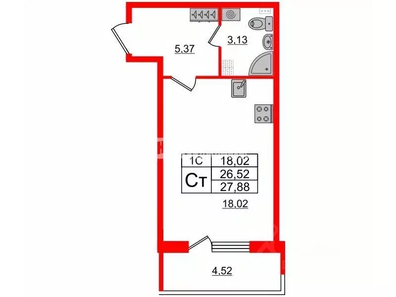 Студия Санкт-Петербург Пулковское ш., 99к4 (26.52 м) - Фото 1