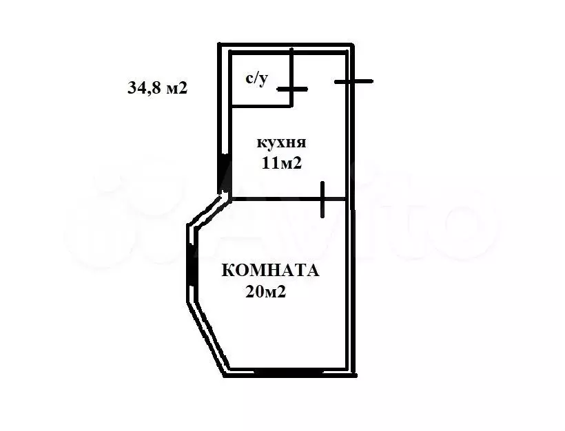 1-к. квартира, 34,8 м, 2/4 эт. - Фото 0