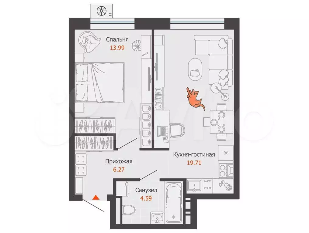 1-к. квартира, 45 м, 5/7 эт. - Фото 0
