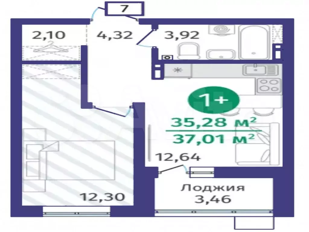 1-к. квартира, 35,3 м, 4/14 эт. - Фото 1