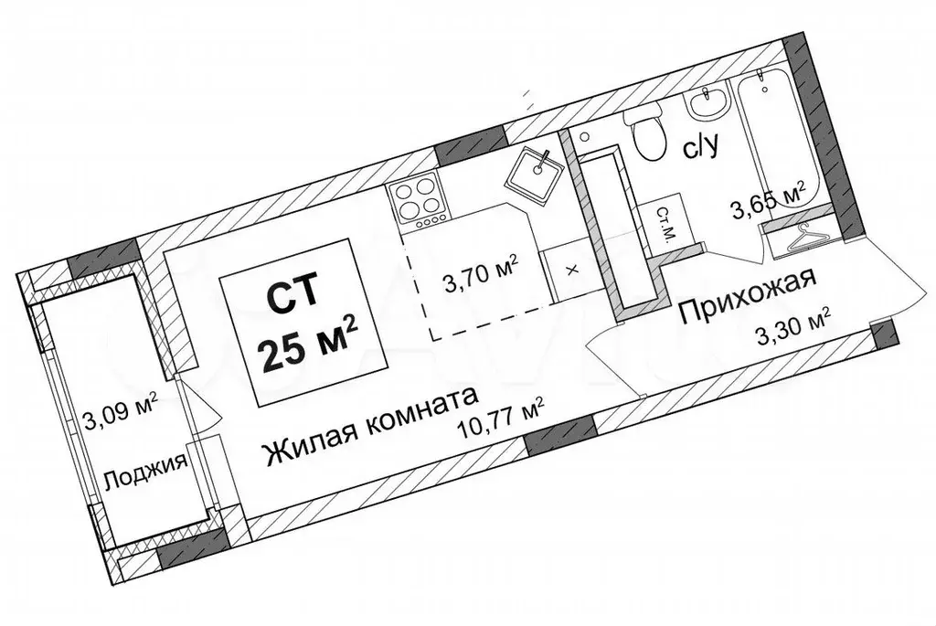 Квартира-студия, 25м, 5/10эт. - Фото 0