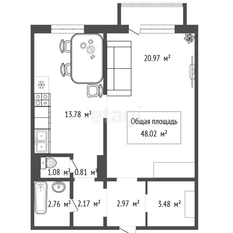 1-комнатная квартира: Новосибирск, улица В. Высоцкого, 171/9 (48.02 м) - Фото 0