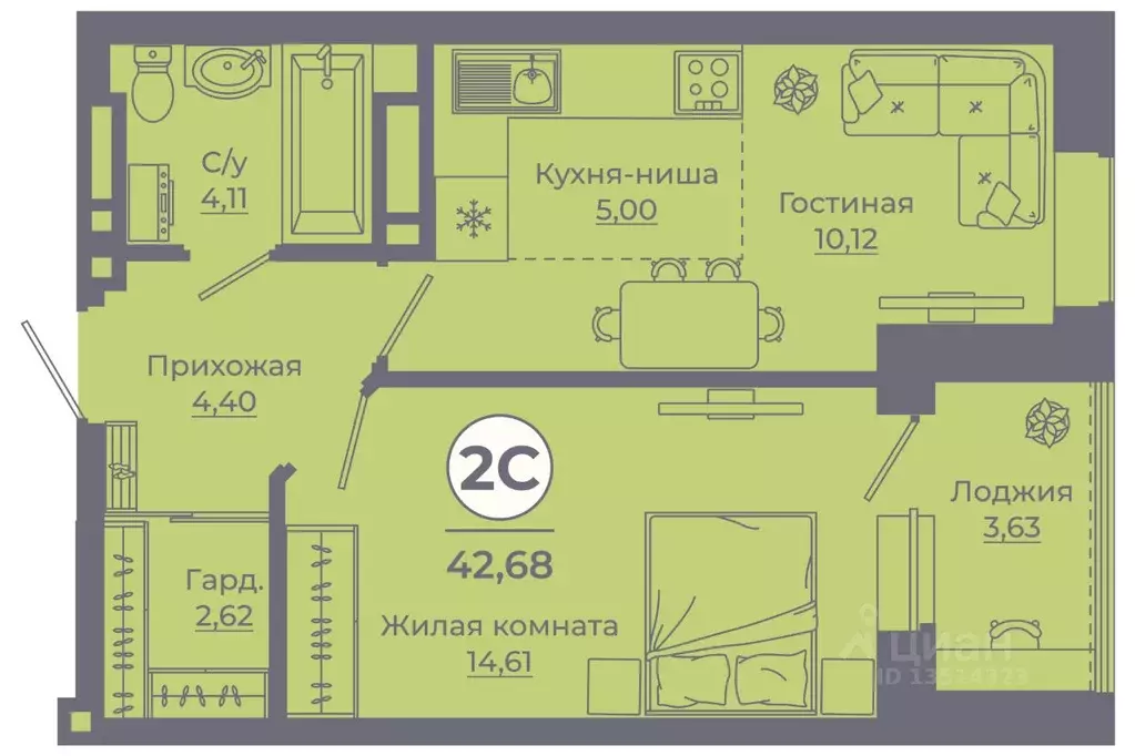 2-к кв. Ростовская область, Ростов-на-Дону ул. Еременко, 113 (42.68 м) - Фото 1