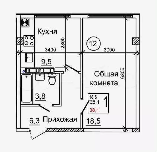 1-к. квартира, 38,3 м, 1/10 эт. - Фото 0