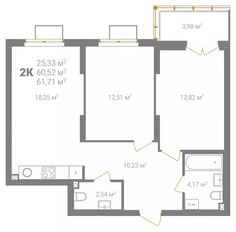 2-к кв. Нижегородская область, Нижний Новгород Ветеринарная ул. (61.71 ... - Фото 2