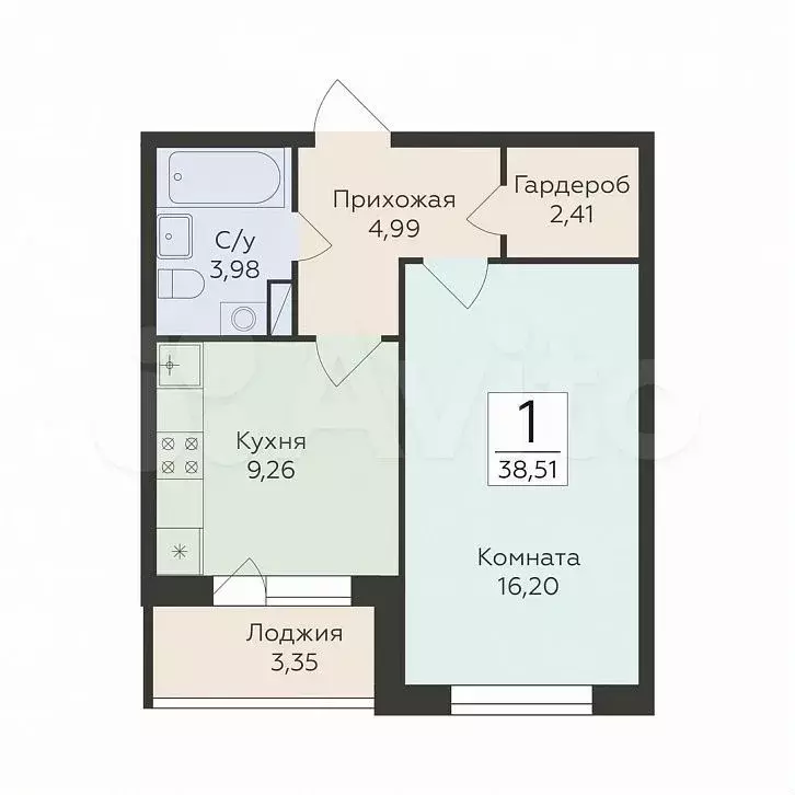 1-к. квартира, 38,5 м, 7/18 эт. - Фото 1