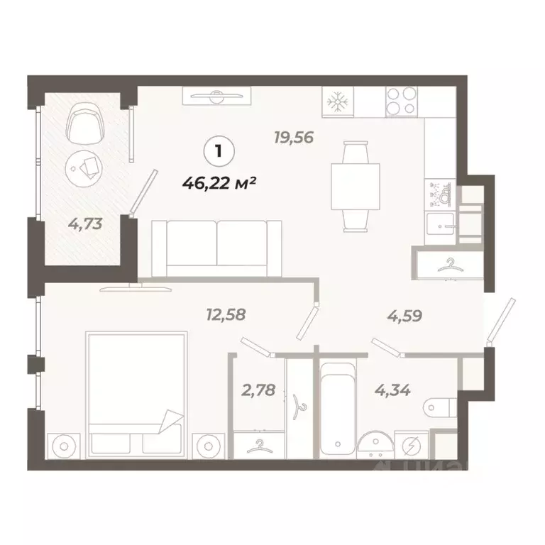 1-к кв. Санкт-Петербург ул. Коли Томчака, 21Д (46.22 м) - Фото 1