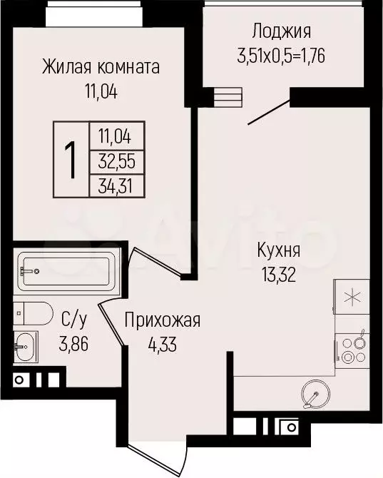 1-к. квартира, 34,3 м, 8/15 эт. - Фото 0