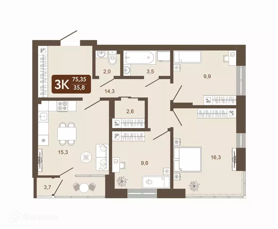 Продаётся 3-к квартира, 75.35 м - Фото 0