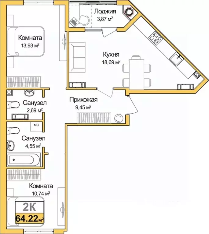 2-к кв. Крым, Симферополь ул. Батурина (62.39 м) - Фото 0