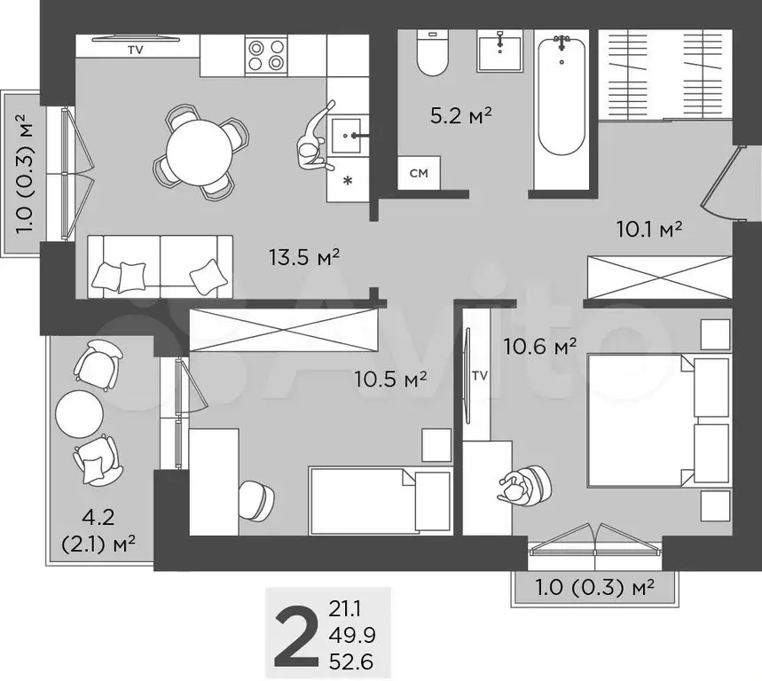 2-к. квартира, 52,6 м, 2/4 эт. - Фото 0