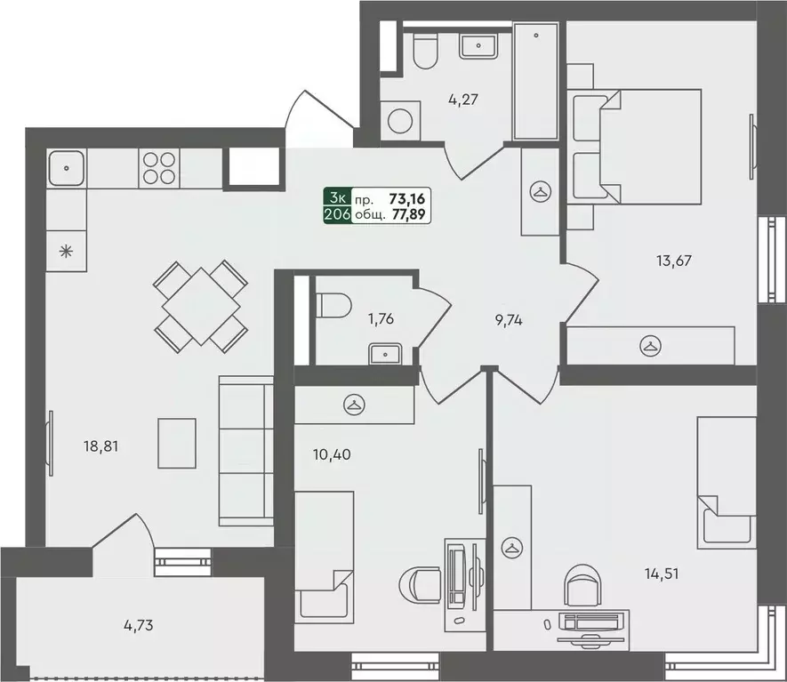 3-к кв. Омская область, Омск Красноярский тракт (77.89 м) - Фото 0