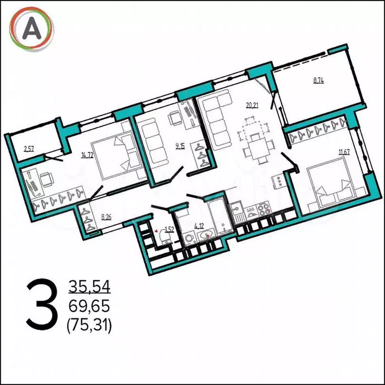 3-к. квартира, 75,3м, 5/16эт. - Фото 0