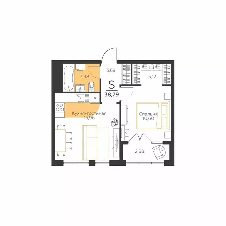 1-комнатная квартира: Молодёжный, 10А (38.79 м) - Фото 1