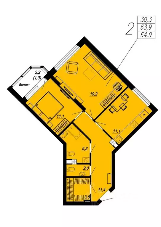 2-к кв. Свердловская область, Екатеринбург ул. Блюхера, 93 (64.9 м) - Фото 0