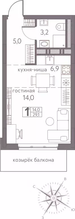Студия Пермский край, Пермь ул. Серебристая, 3А (29.1 м) - Фото 0