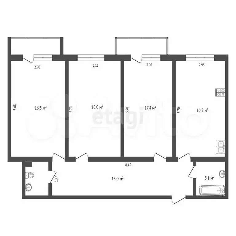 3-к. квартира, 90,5 м, 5/5 эт. - Фото 0