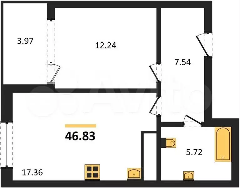 1-к. квартира, 46,8 м, 1/4 эт. - Фото 1